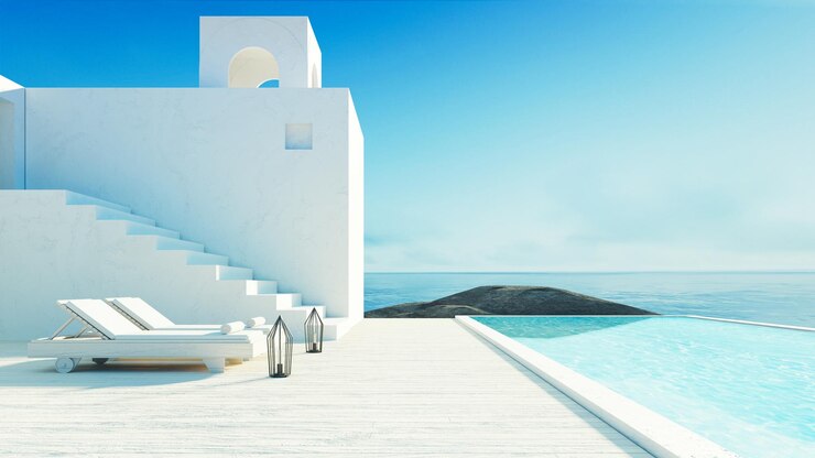 Lujo playa vista al mar hotel y resort estilo santorini renderizado 3D