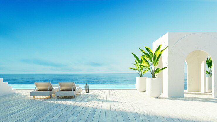 Lujo playa vista al mar hotel y resort estilo santorini renderizado 3D