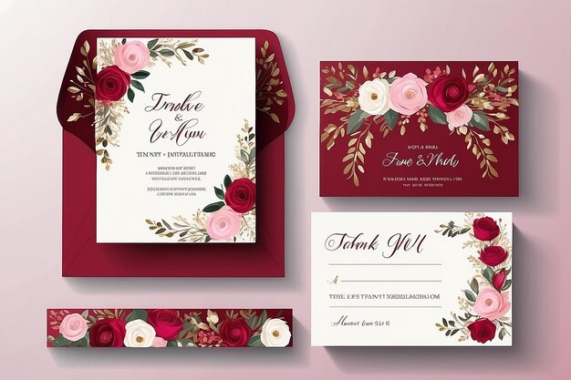 Foto lujo rojo y rosa invitación de boda conjunto invitar a agradecer rsvp tarjeta moderna diseño en dorado