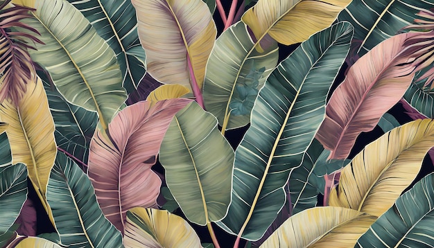 Lujo tropical exótico patrón sin costuras pastel coloridas hojas de plátano palmera dibujado a mano vintage
