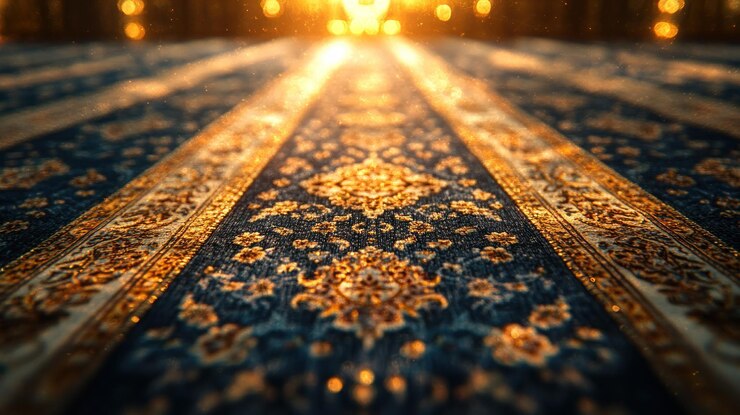 Una lujosa alfombra dorada con intrincados patrones a través de los cuales brillan los rayos de sol.