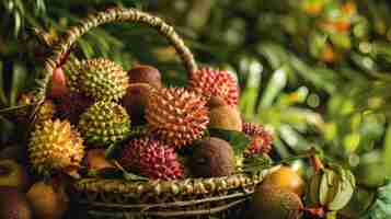 Foto una lujosa canasta llena de delicias tropicales como las manzanas de crema de frutas de la pasión y la guanabana