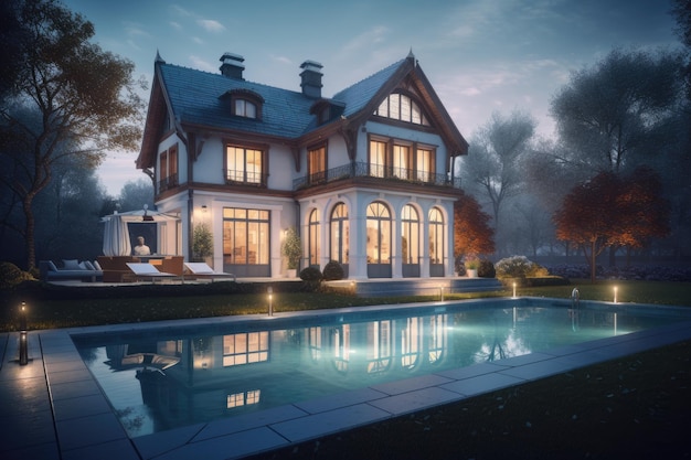 Lujosa casa con una impresionante piscina en primer plano