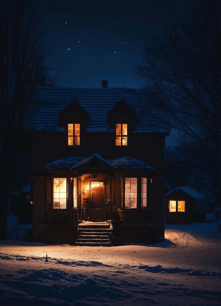 Foto lujosa casa de madera mansión de madera cubierta de nieve en el parque de invierno a la hora de la puesta del sol