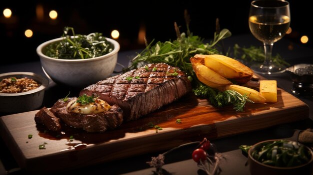 Una lujosa cena de bistec con acompañamientos de primera calidad un banquete para los sentidos