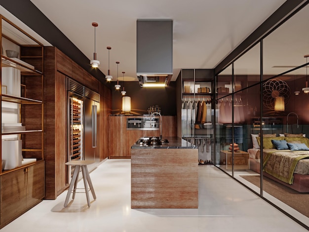 Lujosa cocina estilo moderno con muebles contemporáneos de madera e isla con campana. Paredes gris burdeos, encimeras de granito negro. Apartamento de estudio. Representación 3D.