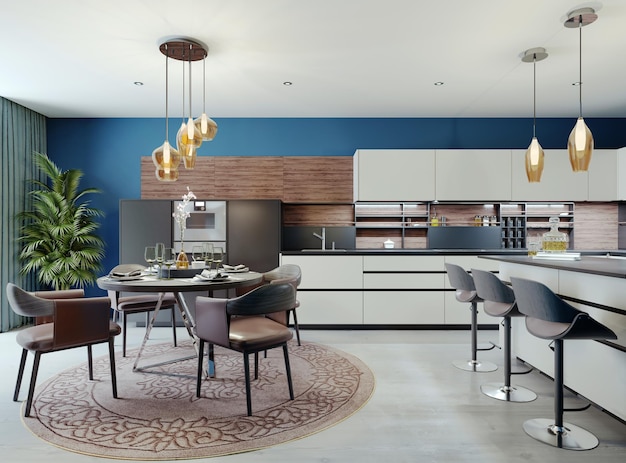 Lujosa cocina multicolor con mesas de comedor en un nuevo estilo moderno. Muebles en blanco, negro y marrón, Paredes de azul. Representación 3D.
