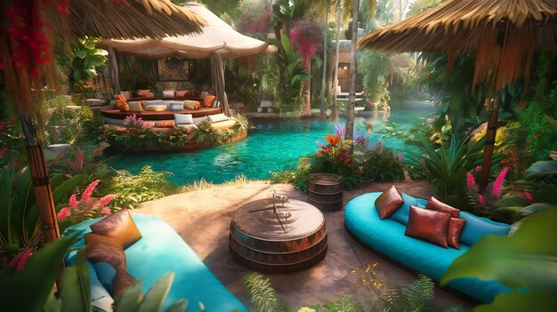 Una lujosa y exótica sala de estar al aire libre en un resort de verano de lujo con un ambiente tropical lúdico