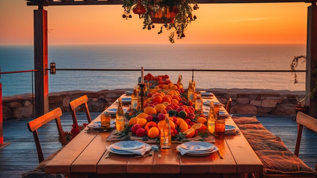 Una lujosa experiencia gastronómica al aire libre con una encantadora vista al mar y una cálida iluminación romántica