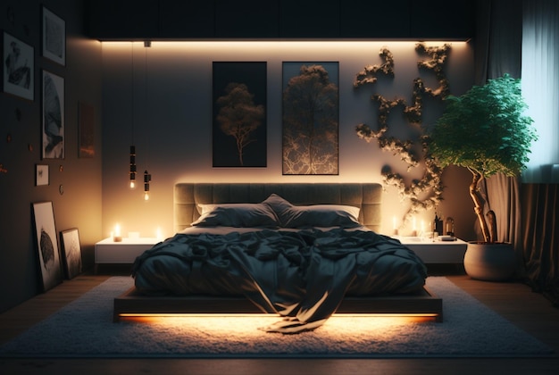 Una lujosa habitación doméstica iluminada por la noche con intrincados muebles y una arquitectura que muestra la riqueza y el confort generativo ai