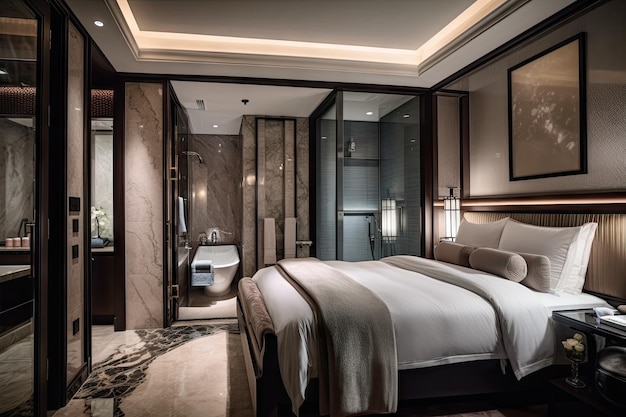 Lujosa habitación de hotel con lujosa ropa de cama y baño de mármol creado con IA generativo