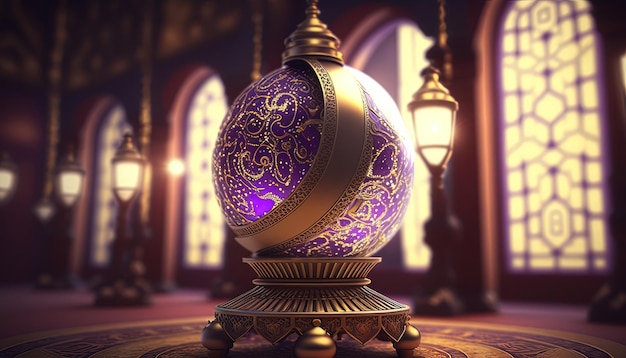 una lujosa lámpara dorada de ramadán, fondo islámico, ai generado