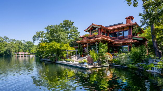 Lujosa mansión de estilo chino junto al lago en el parque