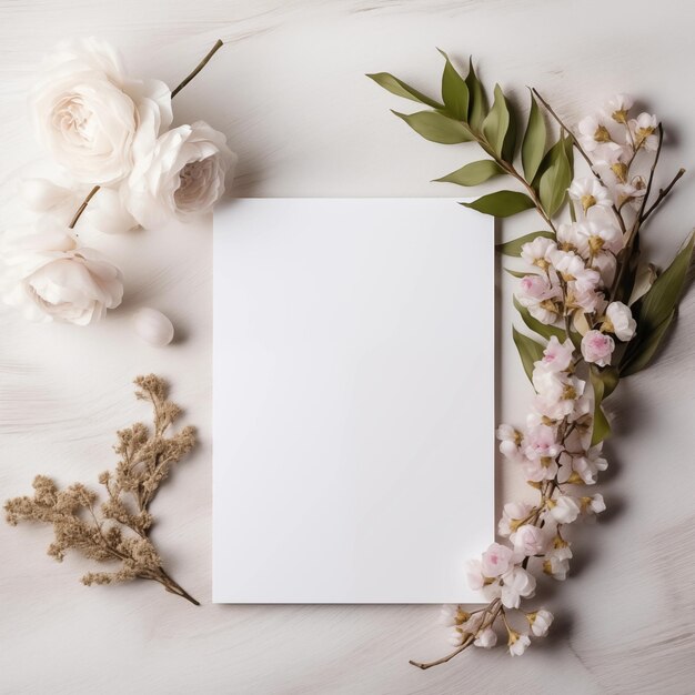 Lujosa maqueta de papel de papelería blanco A4 A5 rodeada de flores blancas para la boda