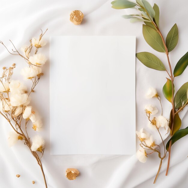 Lujosa maqueta de papel de papelería blanco A4 A5 rodeada de flores blancas para la boda