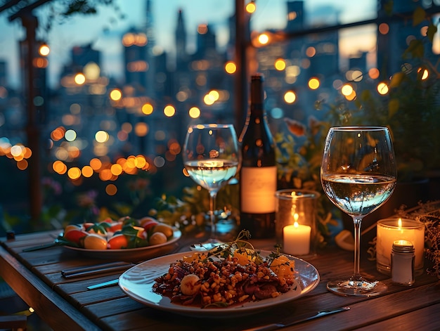 Una lujosa mesa de cena en un ambiente agradable el hermoso paisaje hace una noche maravillosa