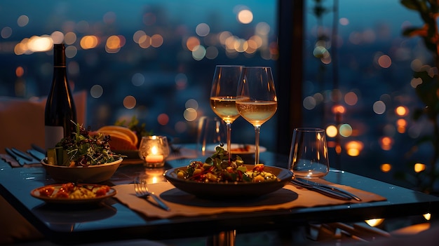 Una lujosa mesa de cena en un ambiente agradable el hermoso paisaje hace una noche maravillosa