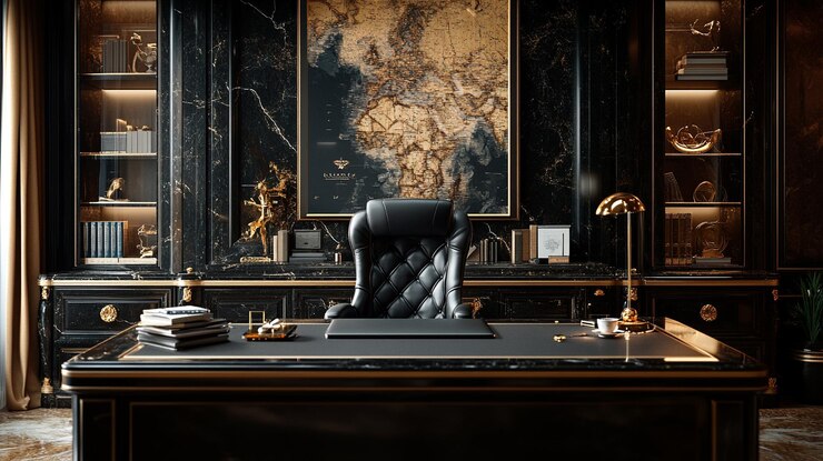 Una lujosa oficina de jefe ejecutivo con interiores y muebles elegantes