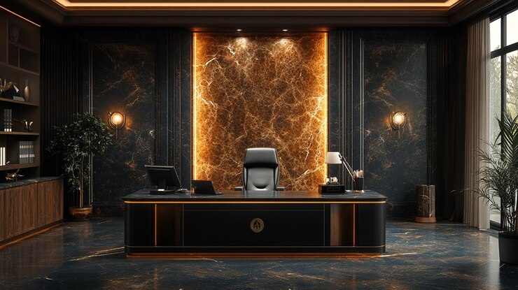 Una lujosa oficina de jefe ejecutivo con interiores y muebles elegantes