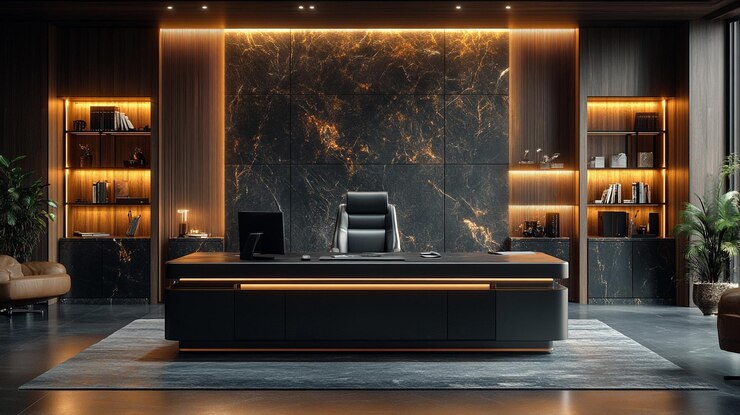 Una lujosa oficina de jefe ejecutivo con interiores y muebles elegantes