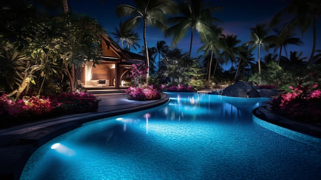 La lujosa piscina de un complejo tropical en la noche