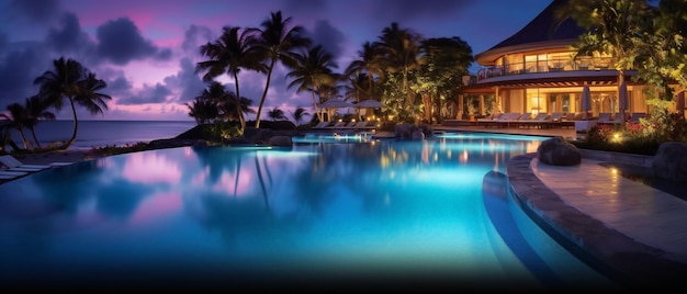 La lujosa piscina de un complejo tropical en la noche