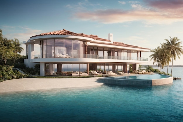 Una lujosa propiedad frente al mar Escápese de la casa de sus sueños Imagen de lujo Inspiración para el concepto de bienes raíces Idea de decoración exterior de la casa moderna Representación 3D