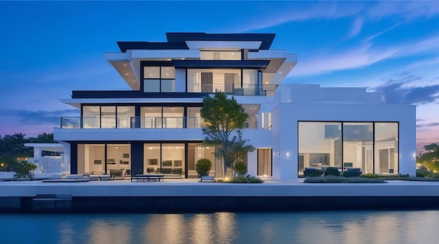 Una lujosa propiedad frente al mar Escápese de la casa de sus sueños Imagen de lujo Inspiración para el concepto inmobiliario Ideas de decoración exterior de la casa moderna Representación 3D