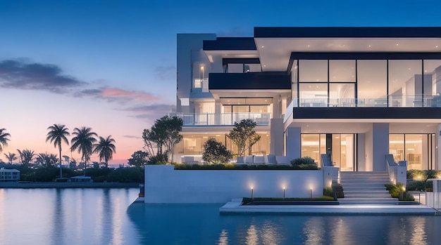 Una lujosa propiedad frente al mar Escápese de la casa de sus sueños Imagen de lujo Inspiración para el concepto inmobiliario Ideas de decoración exterior de la casa moderna Representación 3D