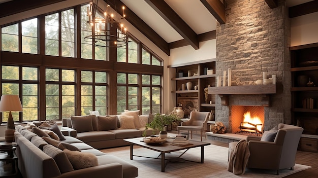Una lujosa sala de estar con acentos de piedra y techos abovedados IA generativa