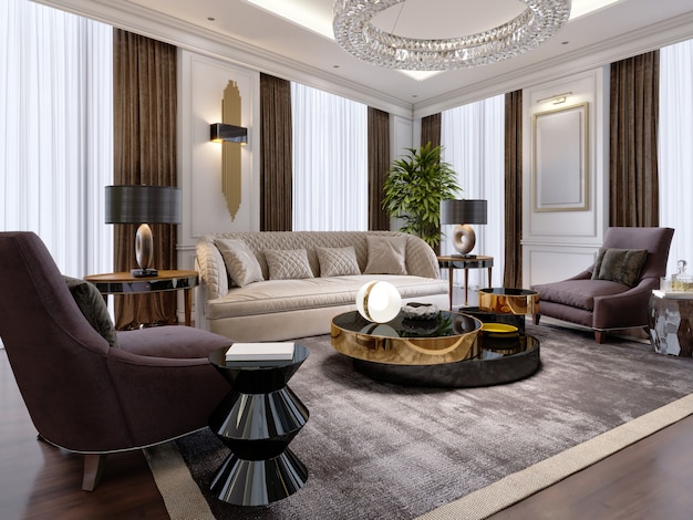 Lujosa sala de estar de estilo moderno con sofá, sillón, muebles de diseño, mueble para TV, gran candelabro decorativo, candelabro redondo de cristal. Representación 3D.