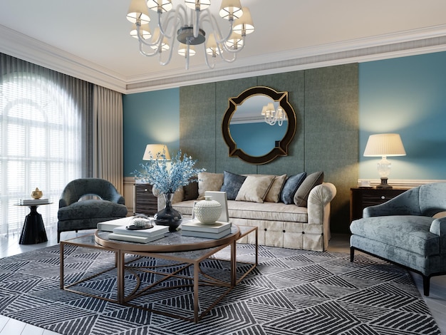 Lujosa sala de estar de lujo con paneles de madera en las paredes con toques dorados, muebles azules, paredes marrones. representación 3D