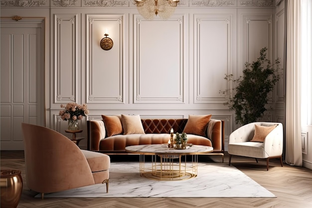 Lujosa sala de estar con muebles elegantes y un candelabro resplandeciente IA generativa