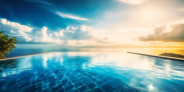 Una lujosa y serena piscina infinita con vista al mar que disfruta de una iluminación dorada y tonos azules
