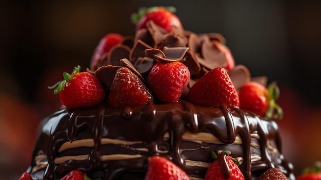 una lujosa torre de fresas cubierta de chocolate que resalta las vibrantes fresas rojas