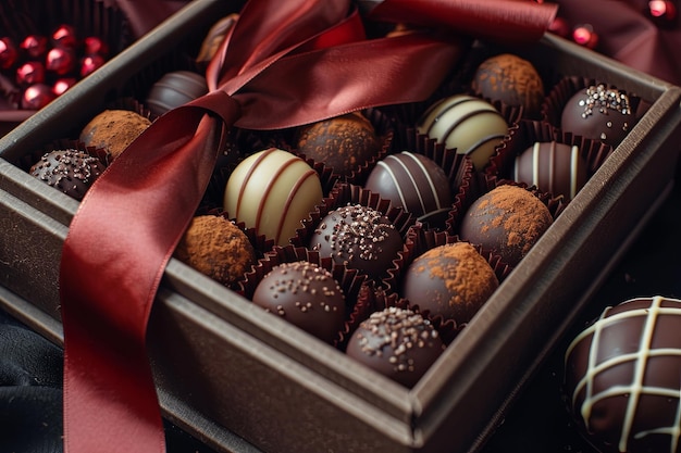 Foto una lujosa variedad de ricos chocolates oscuros en una elegante caja adornada con una cinta roja ai generativa