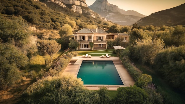 Una lujosa villa con una hermosa piscina, jardín y vista a la montaña que muestra la serenidad y la privacidad del lujo del verano.