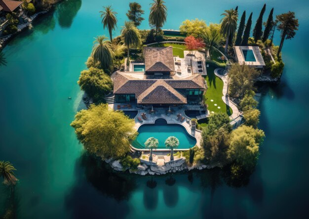 Una lujosa villa de retiro con vistas a un lago cristalino capturado desde la perspectiva de un dron