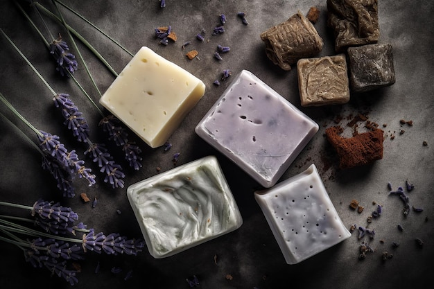 Lujosas barras de jabón natural con algodón lavanda y arreglo plano de pachulí sobre la espalda de piedra