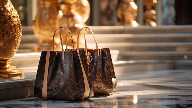 Foto lujosas bolsas de compras de terciopelo con cuerdas doradas de pie en una escalera de mármol con barandillas de hierro ornamentadas.