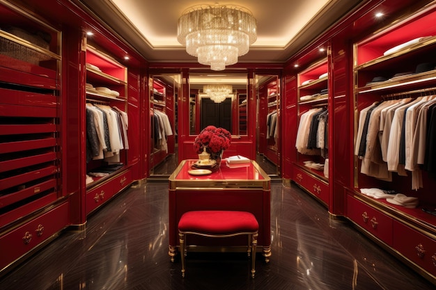 Foto un lujoso armario con un amplio espacio de almacenamiento de colores rojos vibrantes y opulentos dorados