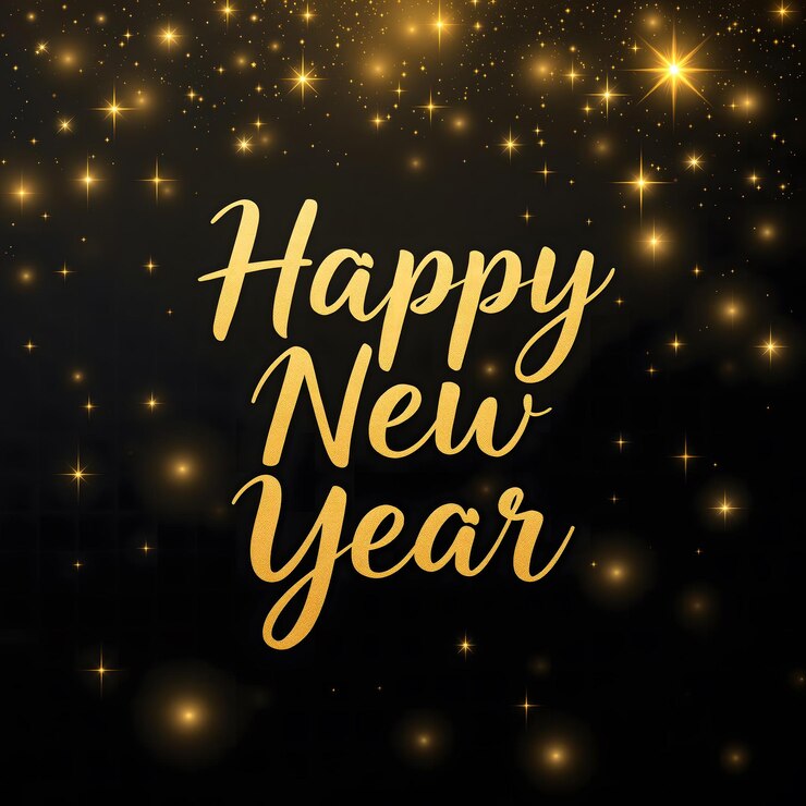 Lujoso arte vectorial dorado y negro Texto de Feliz Año Nuevo con efecto de brillo Diseño minimalista