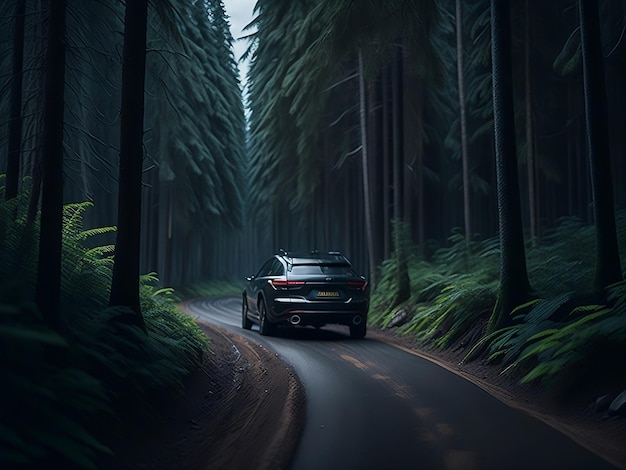 Lujoso automóvil premium moderno en una generación de IA de camino forestal