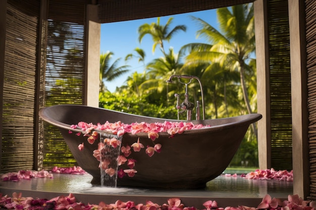 Foto en un lujoso baño al aire libre en bali, una bañera está adornada con pétalos de flores y llena de agua.