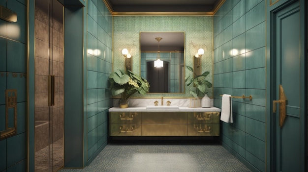 Lujoso baño art deco paredes verde esmeralda encimera de mármol y lavabo espejo dorado con marco dorado