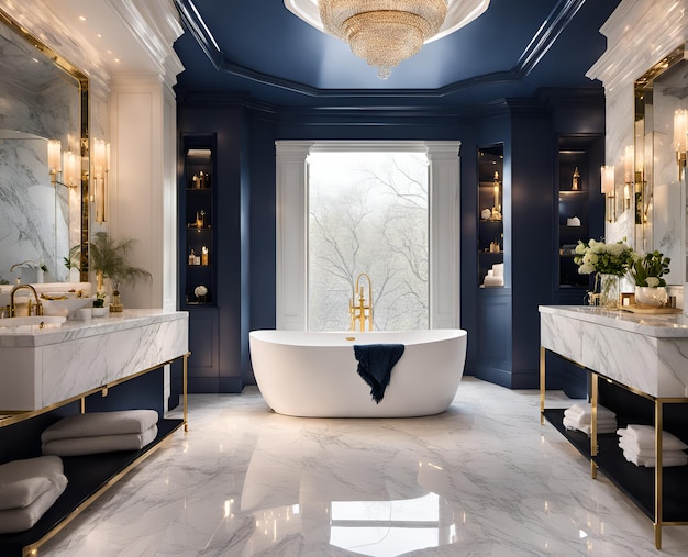Lujoso baño con bañera independiente, ducha tipo lluvia, suelo radiante y azulejos de mármol.