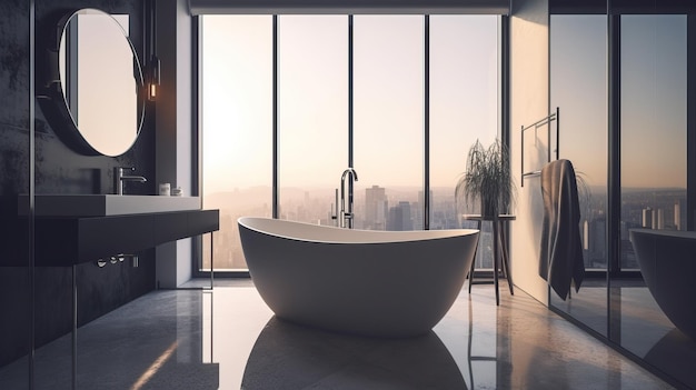 Lujoso Baño Moderno Interior Con Vistas A La Ciudad Impresionante Diseño