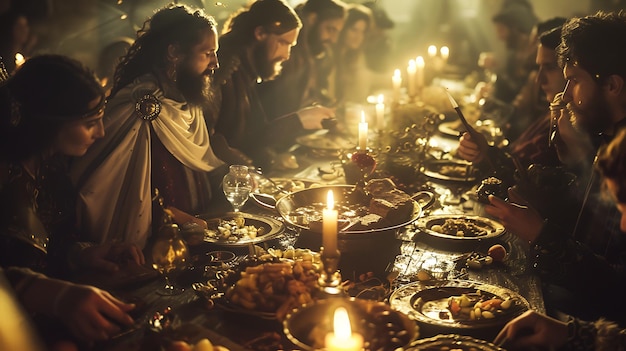 Foto un lujoso banquete medieval está en pleno apogeo la larga mesa de madera está cargada de comida y bebida y los invitados se están divirtiendo inmensamente