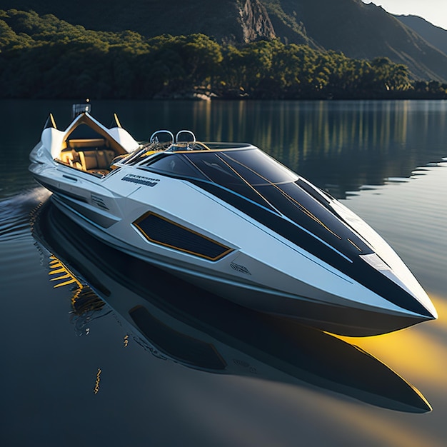 Un lujoso barco de súper velocidad con diseño moderno en el océano con la puesta de sol