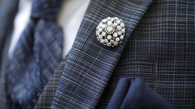 Un lujoso broche de diamantes en una solapa de traje azul el accesorio perfecto para una ocasión formal